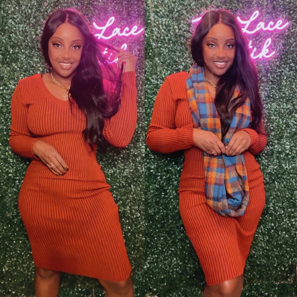 V Neck Long Sleeve Knitted Midi Dress Orange